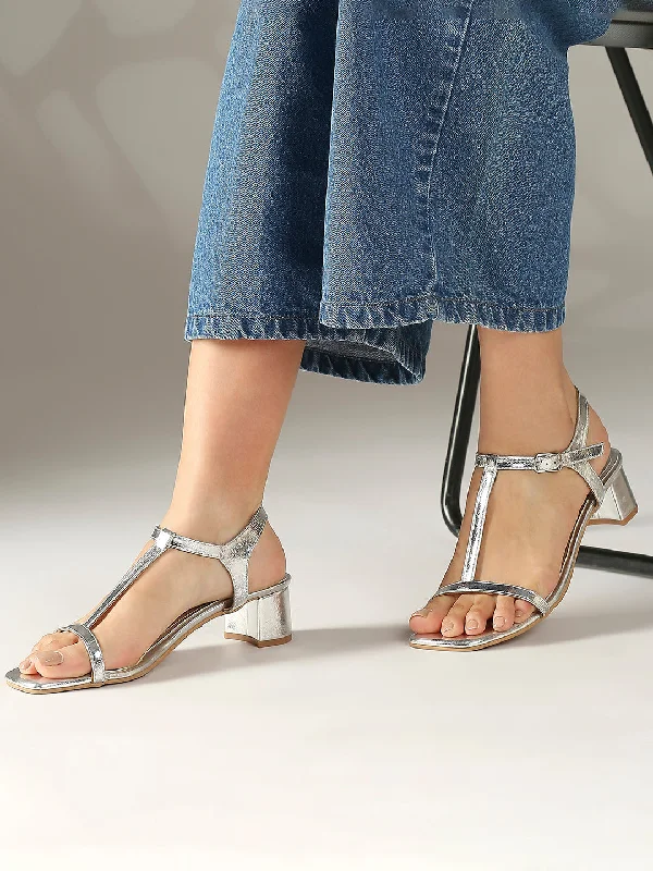 Denim Design Women Silver H-Strap Textured Open Toe Block Heels With Buckle Closure