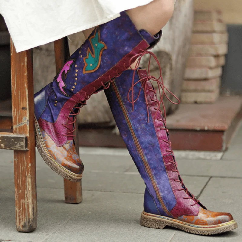 High waist design Womens Purple & Burgundy Patchwork Lace-Up Leather Cowboy Boot