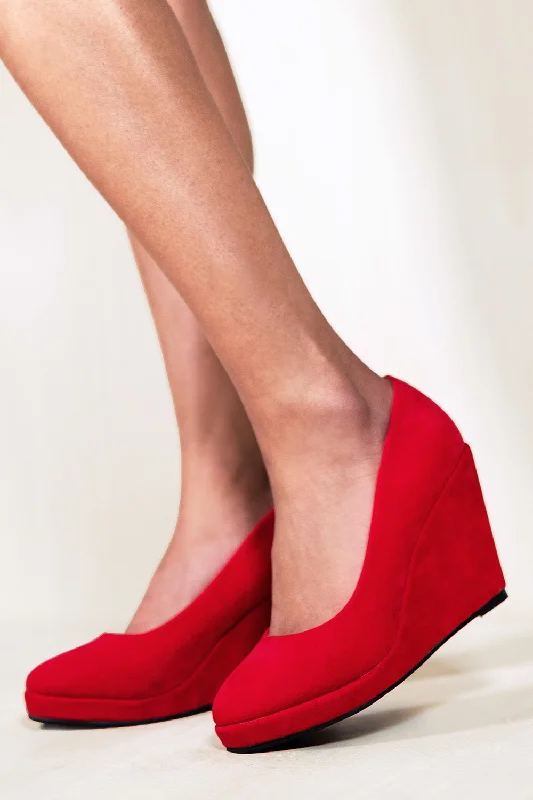 Wearable At Home Or Out LUISA PLATFORM WEDGE HEEL COURT SHOES IN ROUGE RED SUEDE