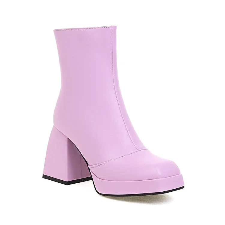 End Of The Year Booties Pu Leather Square Toe Zippers Block Chunky Heel Platform Short Boots for Women