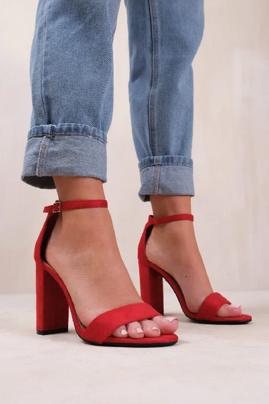Sports Fitness Wear SKYE STRAPPY BLOCK HEELS WITH BUCKLE IN ROUGE RED SUEDE