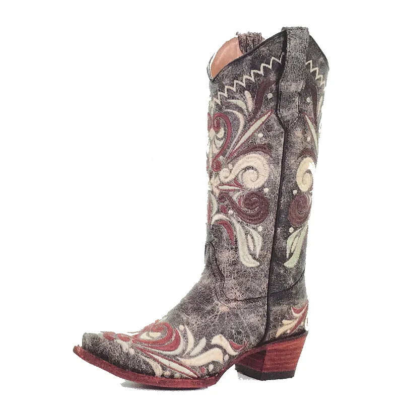 Elegant And Noble Women's Circle G Embroidered Distressed Leather Boot (Black \ Sand)