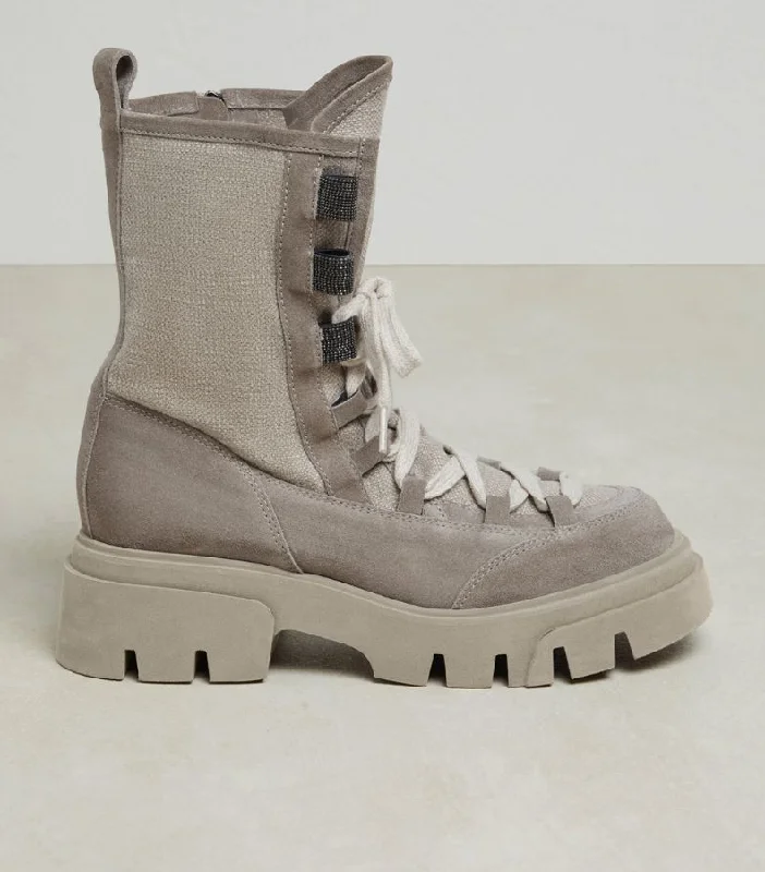 Elegant and noble Brunello Cucinelli Women's Suede Lace Up Boots In Grey