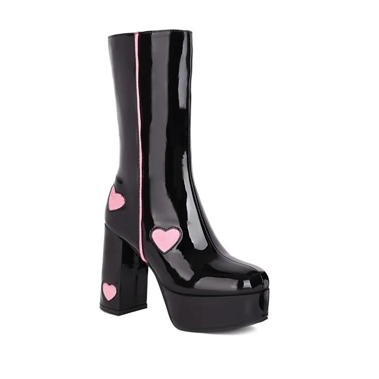 Noble Temperament Glossy Round Toe Love Hearts Side Zippers Block Chunky Heel Platform Mid Calf Boots for Women