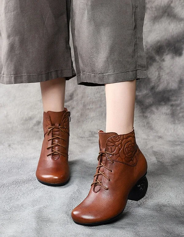 Sports Zipper Style Autumn Winter Round Head Retro Leather Chunky Boots