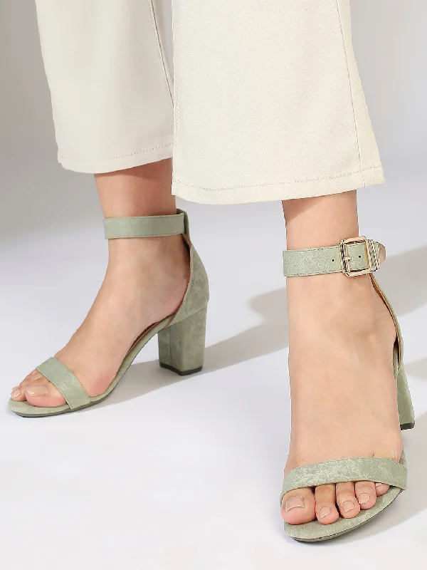 Relaxed And Casual Women Pista Textured Open Toe Ankle Loop Party Block Heels With Buckle