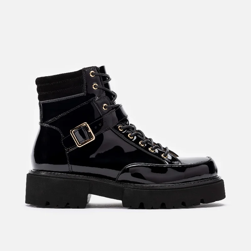 Sports Fitness Style Ms. Atlas Black Patent Leather Strap Boots