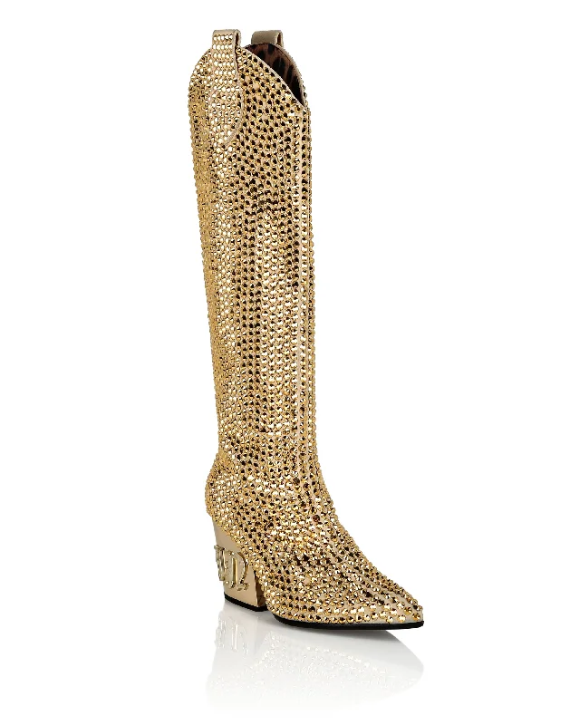 Street Fashion CowBoy Mid-Heel Boots  Gothic Plein with Crystals
