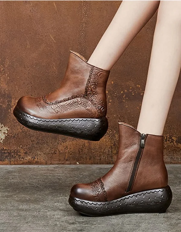 Casual And Casual Handmade Vintage Retro Leather Wedge Boots