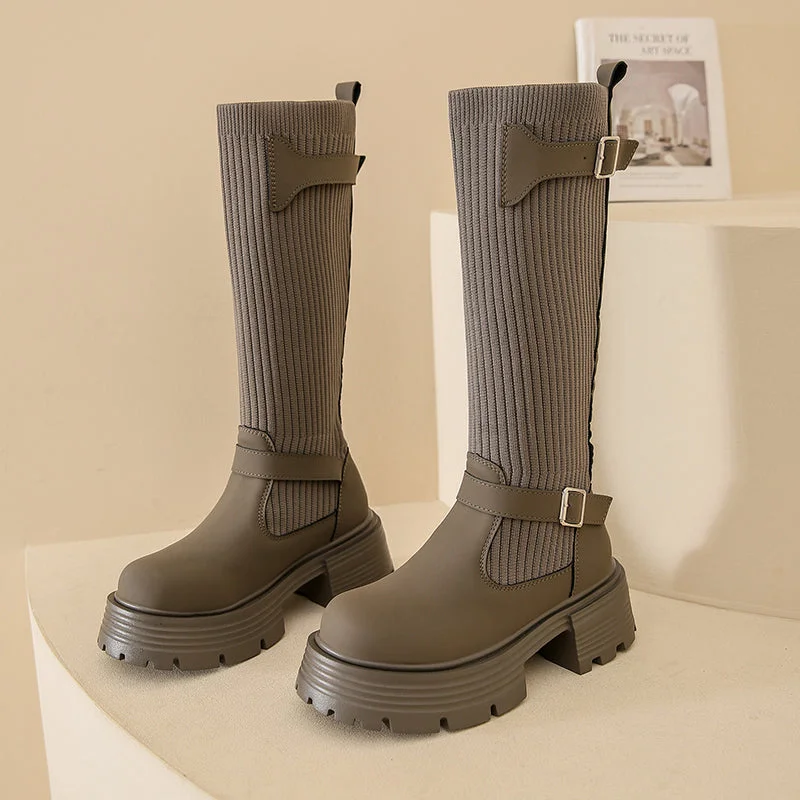 Letter embroidery Womens Platform Knee High Sock Boots