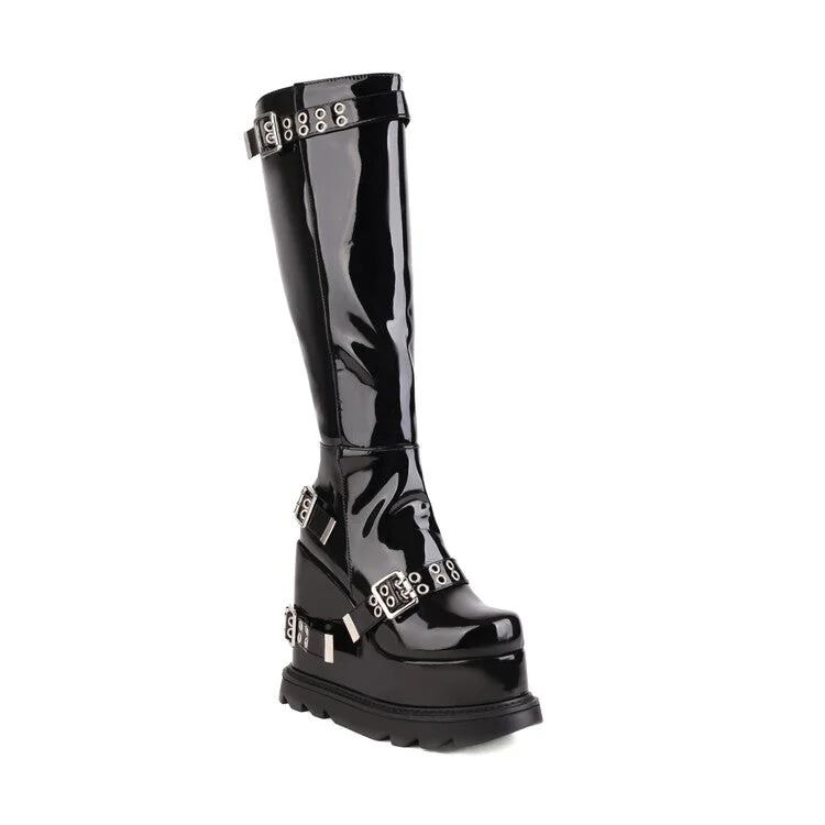 Mid-length Style Glossy Round Toe Side Zippers Metal Buckle Straps Wedge Heel Platform Knee High Boots for Women