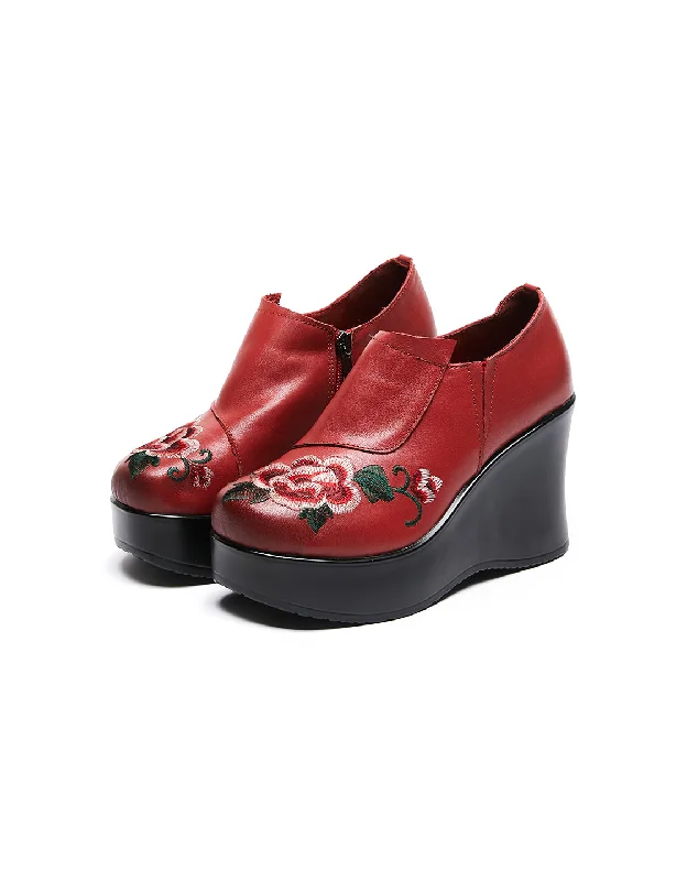Stand-up collar design Ethnic Style Flower Embroidery Wedge Shoes Spring