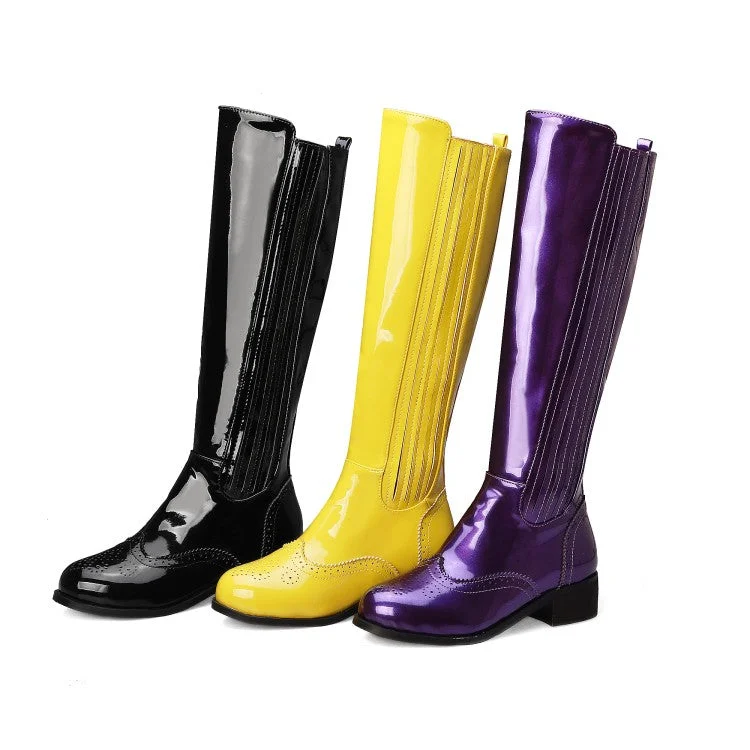 Boutique style Patent Round Toe Side Zippers Block Chunky Heel Platform Knee High Boots for Women