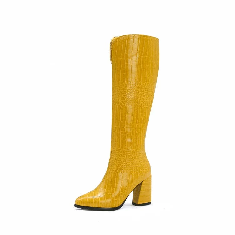 Sports outdoor style Crocodile Pattern Pointed Toe Side Zippers Block Chunky Heel Knee High Boots for Women