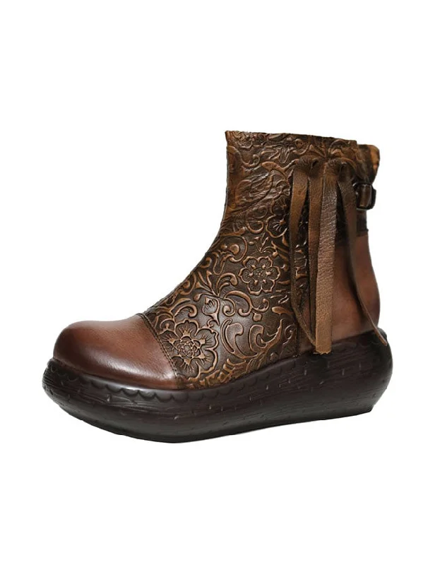 Nightclub Style Embossing Handmade Leather Retro Ankle Wedge Boots