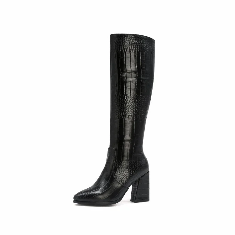 Sports Functional Style Crocodile Pattern Pu Leather Pointed Toe Side Zippers Block Chunky Heel Knee High Boots for Women