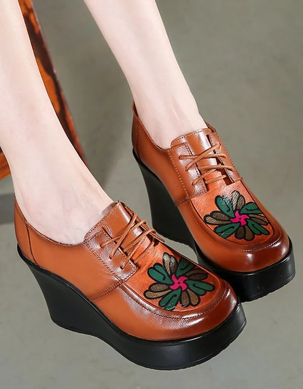 Sports Zipper Style Retro Leather Handmade Vintage Wedge Shoes