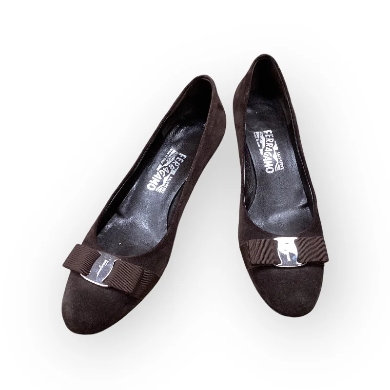 Sports High Waist Style Shoes Heels Stiletto By Ferragamo In Brown, Size: 9.5