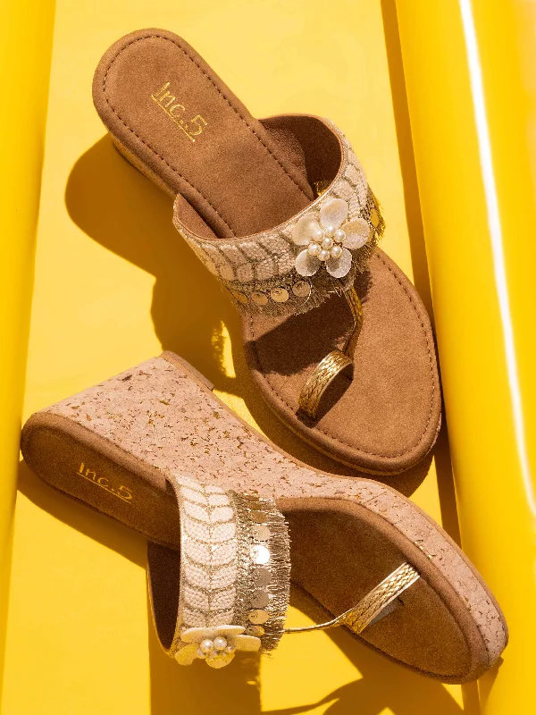 Fun and cute Women Gold Embellished Ethnic One Toe Wedge Heels