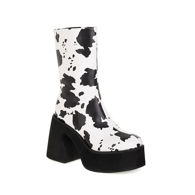 Fashionable And Versatile Bicolor Pu Leather Square Toe Side Zippers Block Chunky Heel Platform Mid Calf Boots for Women