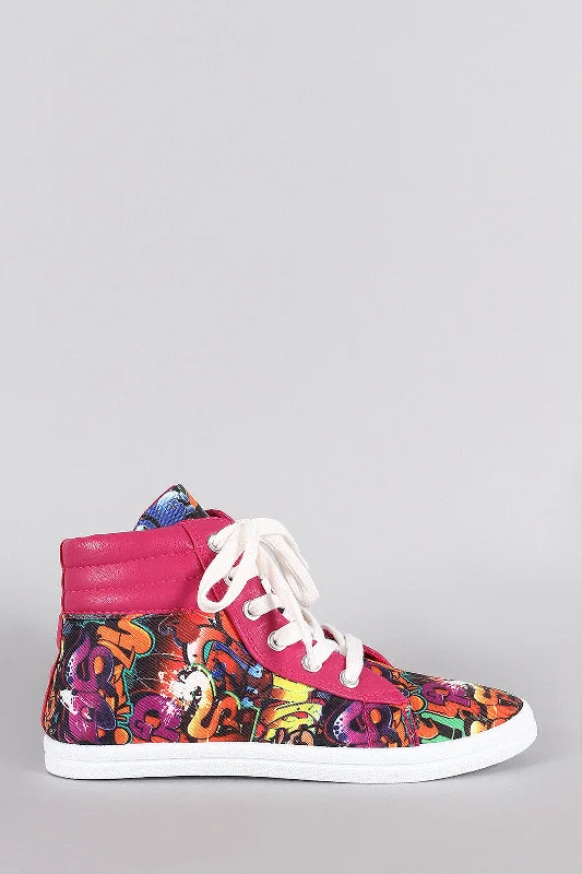 Sports Tights Bamboo Graffiti Round Toe High Top Lace Up Sneaker