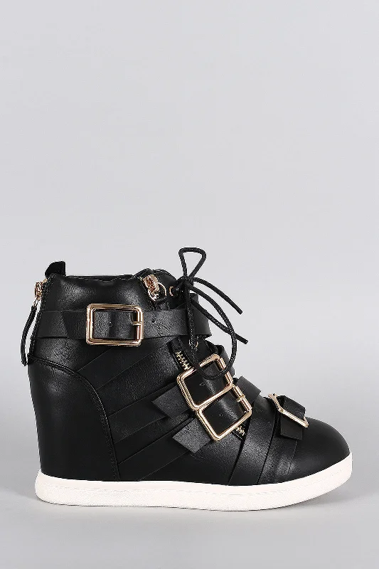 Personalized print Multi Buckle Strap Lace Up Round Toe High Top Wedge Sneaker