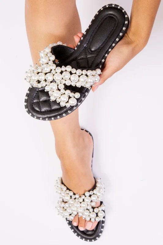 Elegant And Lazy EVE PEARL EMBELLLISHED FLAT SLIDER SANDALS IN BLACK