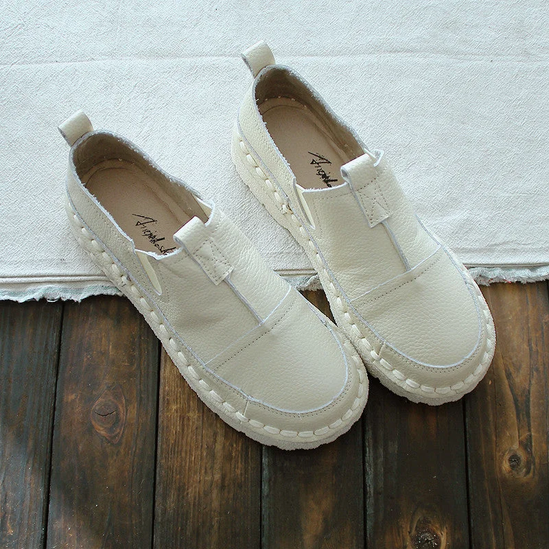 Stand-up collar design Women Retro Solid White Leather Casual Shoes
