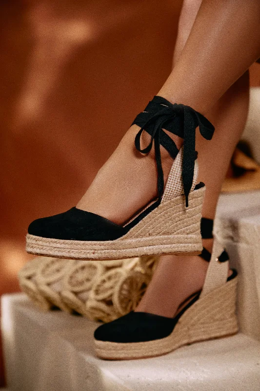Advanced Customization Tropical Vacay Lace Up Platform Espadrille Wedges - Black