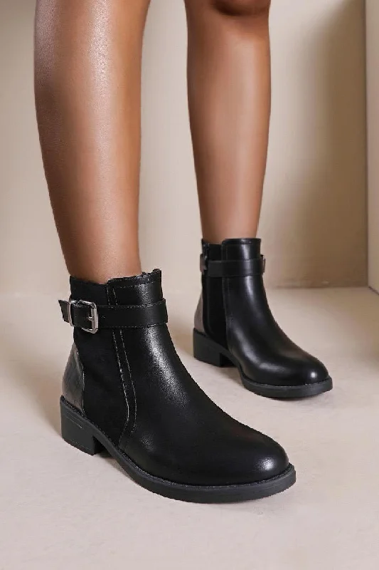 Classic style BLACK FLAT BUCKLE DEATIAL ANKLE BOOTS