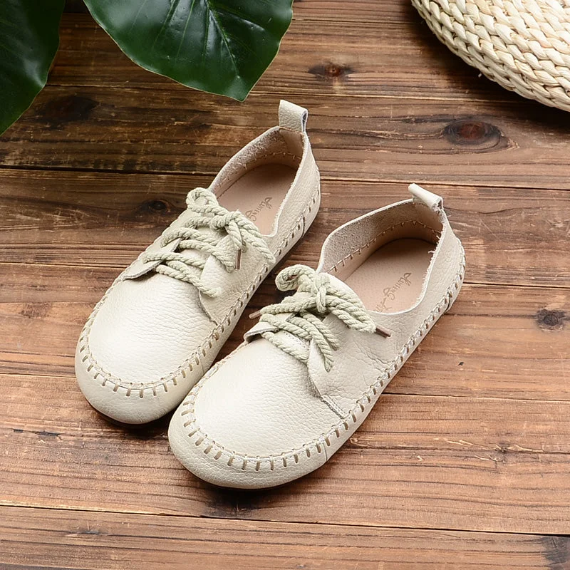 High waist design Women Retro Leather Flat Casual Shoes