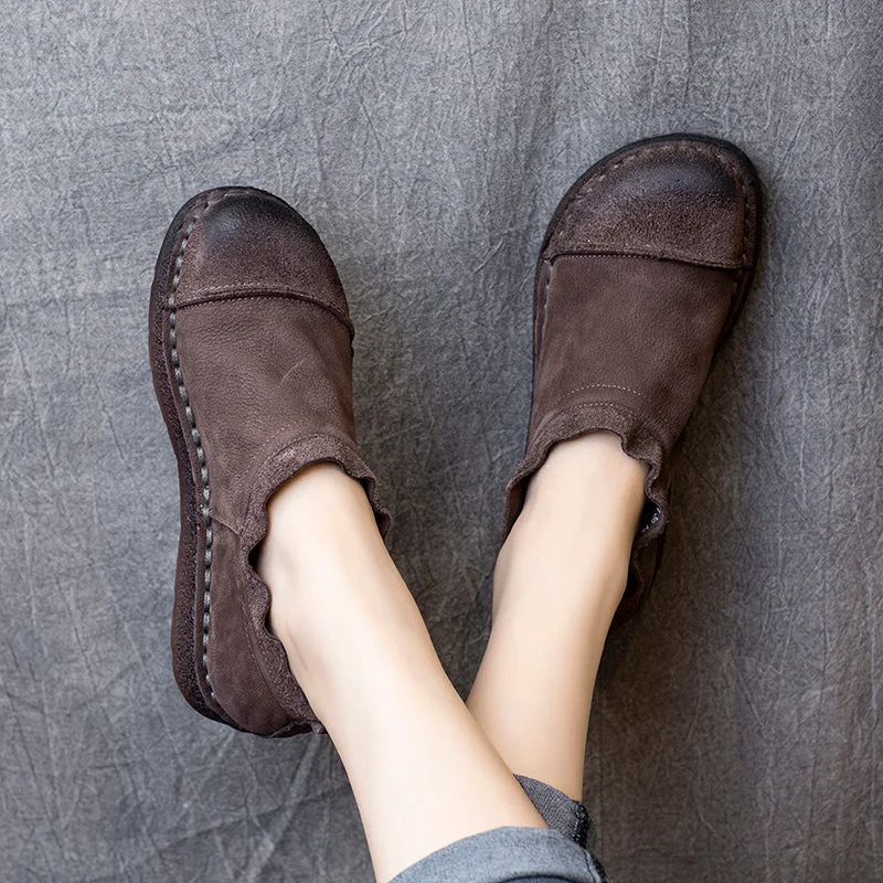 High-waisted pants style Women Autumn Retro Cowhide Soft Flat Shoes