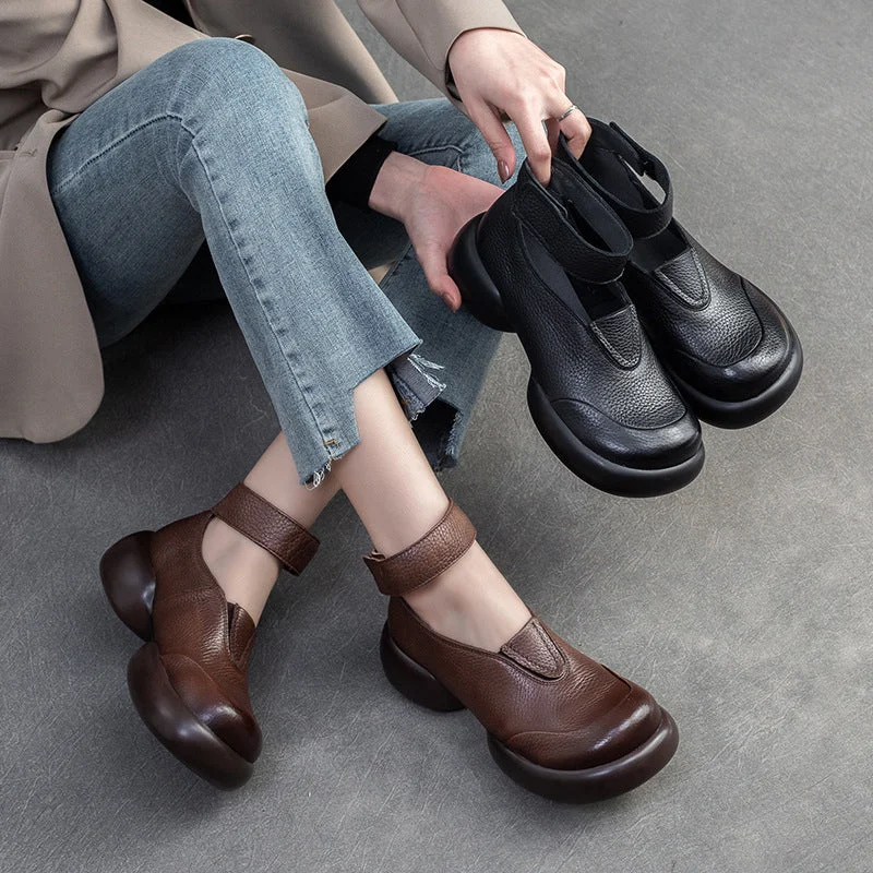 Comfortable down Women Retro Minimalist Leather Velcro Casual Shoes