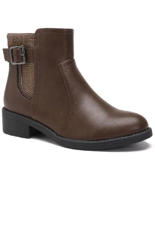 Letter embroidery BROWN FLAT BUCKLE DIAMANTE DETAIL ELASTICATED CHELSEA ANKLE BOOTS