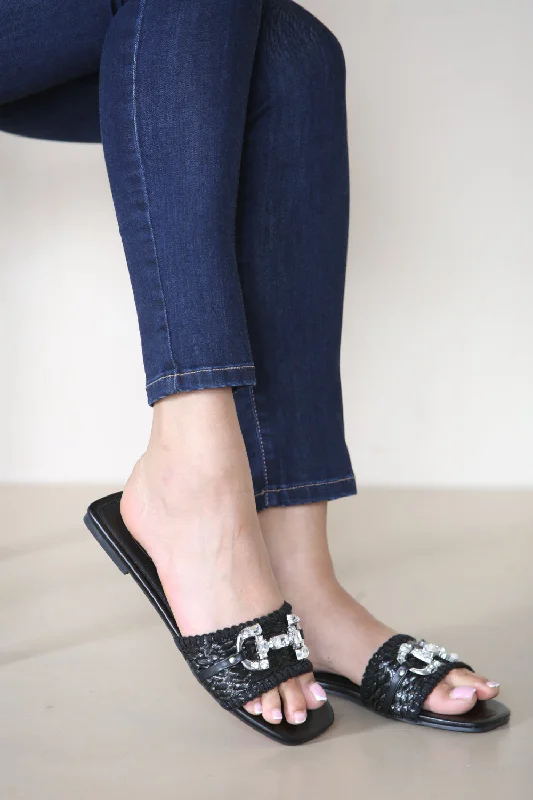 Sweet breath BLACK FLAT DIAMANTE TRIM DETAIL MULES CASUAL SANDALS