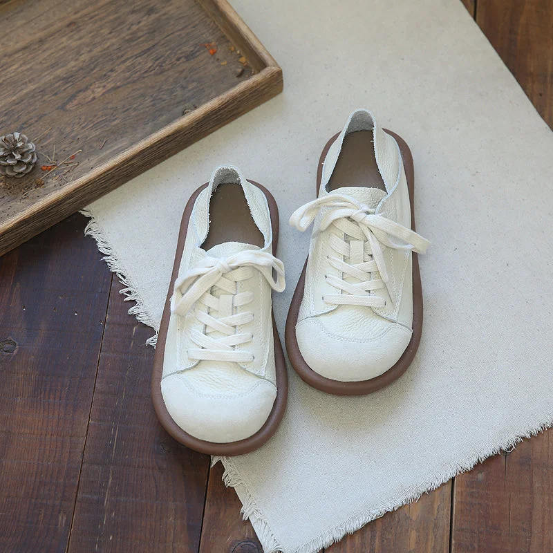 Sports Zipper Style Women Retro Round Head Cowhide Soft Flat Casual Shoes
