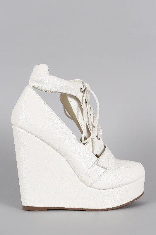 Knowledge And Elegance Round Toe Cutout Lace Up Platform Wedge Sneaker