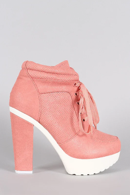 Boutique style Perforated Lace Up Contrast Lug Sole Platform Heeled Sneaker