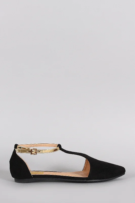 Unique Design Suede Pointy Toe Open Side Ankle Strap Flat