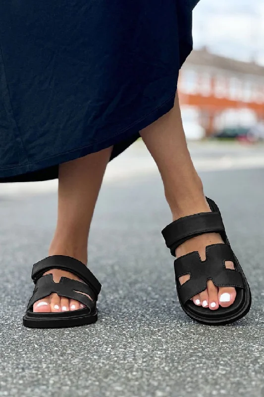 Fresh And Natural Black PU Designer Strap Sandals