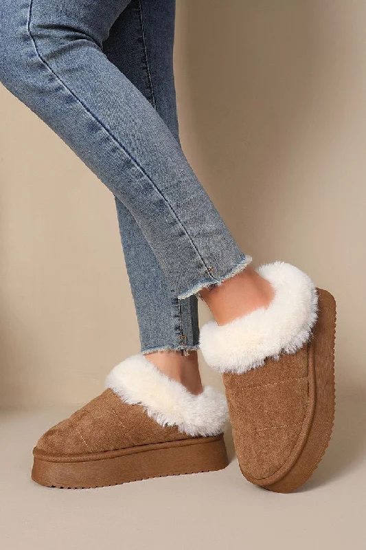 Comfortable And Simple CAMEL ULTRA MINI PLATFORM FAUX FUR LINED FLUFFY SLIPPERS