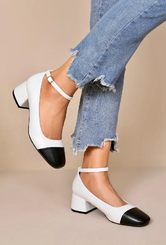 Windbreaker fashion WHITE FAUX LEATHER CLOSED TOE MARRY JANE BLOCK HEELS