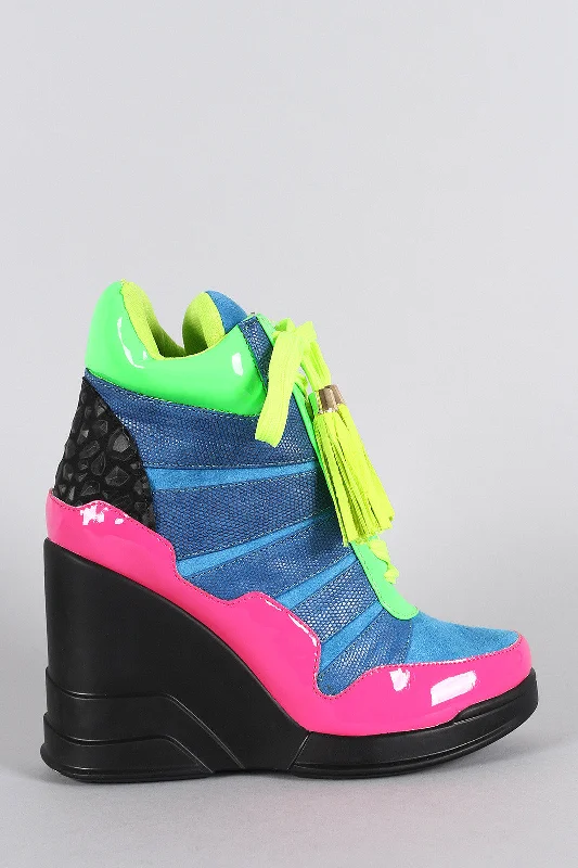 Moisture wicking Privileged Colorblock Lizard Tassel Lace Up High Top Wedge Sneaker