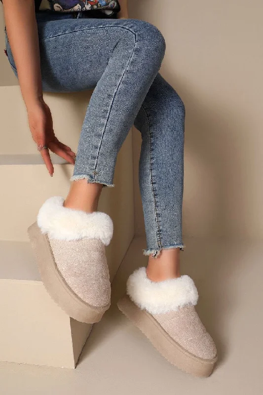 Celebrity Style BEIGE ULTRA MINI PLATFORM FAUX FUR LINED FLUFFY SLIPPERS