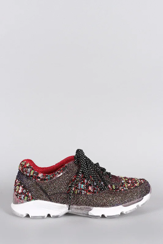 Street Style Suit Bamboo Glitter Frayed Lace Up Sneaker