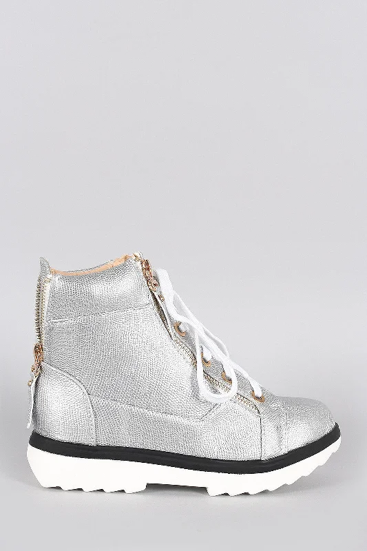 Sports Functional Style Metallic Stingray Embossed High Top Sneaker