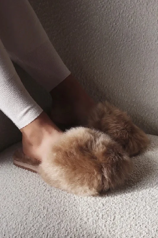 Customized Version KHAKI EXTREME FAUX FUR FLUFFY SLIPPERS (PACK OF 12 PAIRS)