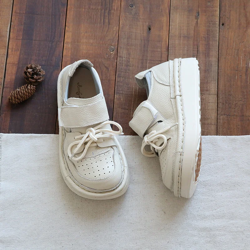 Simple Solid Color Women Retro Leather Thick Soled Comfort Shoes