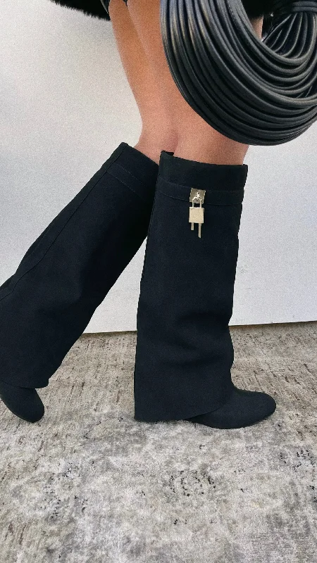 Sweet Girl Kai Wedge Heel Knee High Shark Boots - Black
