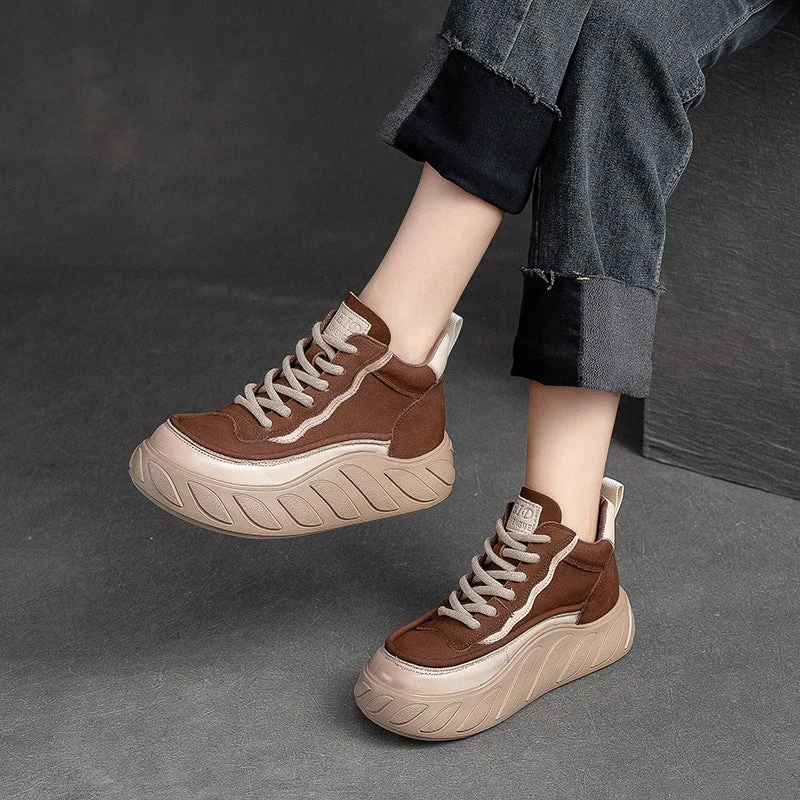 Simple Solid Color Women Minimalist Fashion Leather Thick Soled Casual Shoes